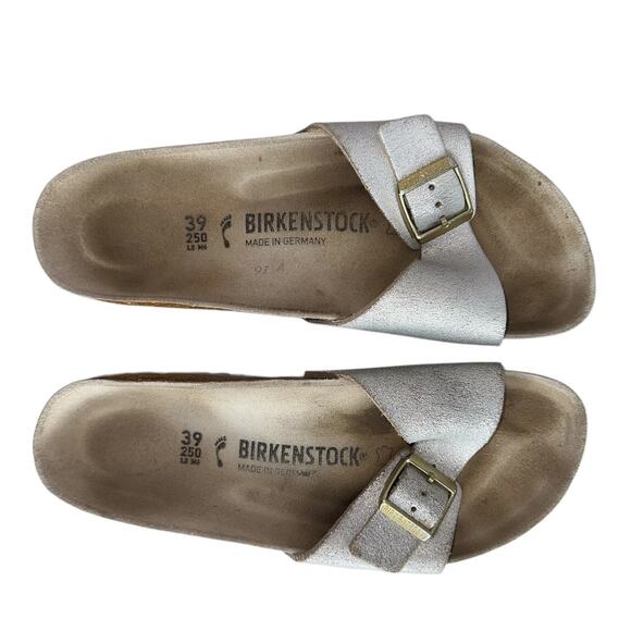 Birkenstock Madrid Metallic Silver Leather Big Buckle Sandals Slip On Size 8 - Picture 3 of 10